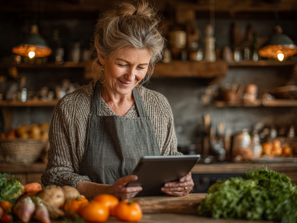Жінка працює в саду серед свіжих овочів